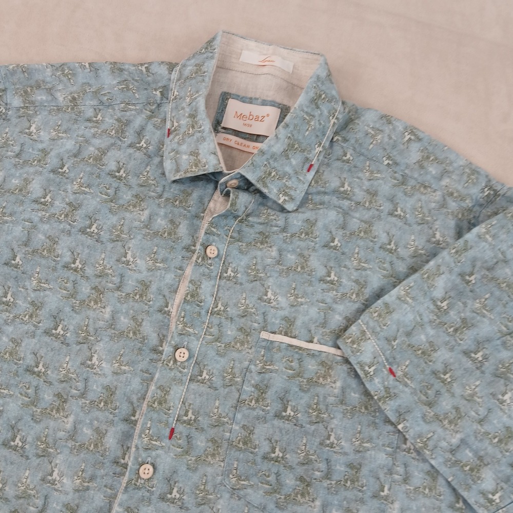 Mebaz India 38 Medium‎ Mens Shirt Button Up Short Sleeve Linen 22x28 Geometric